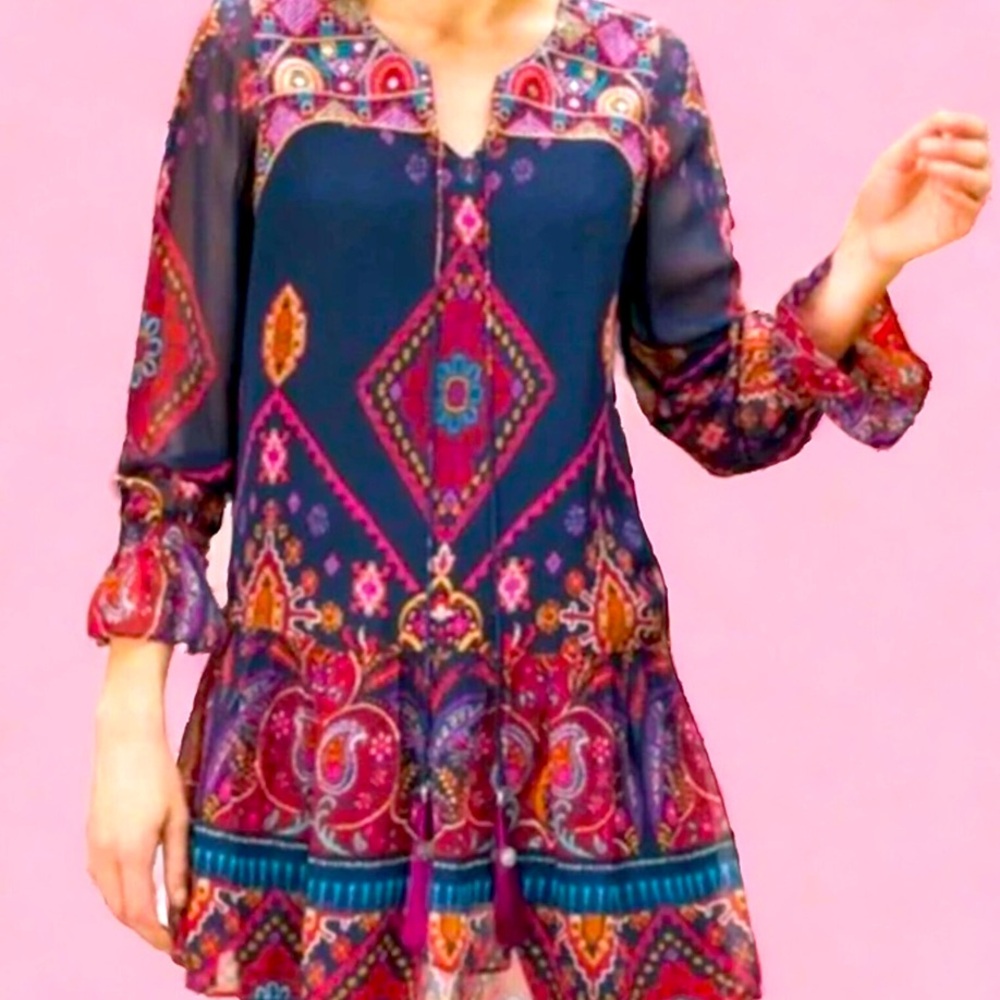 Soft Surroundings Iskra Printed Embroidered  Tassel Tunic Size XL